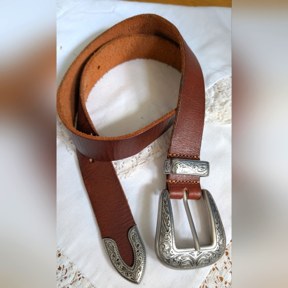 Urban Outfitters Brown Leather Western Belt with Silver Engraved Buckle